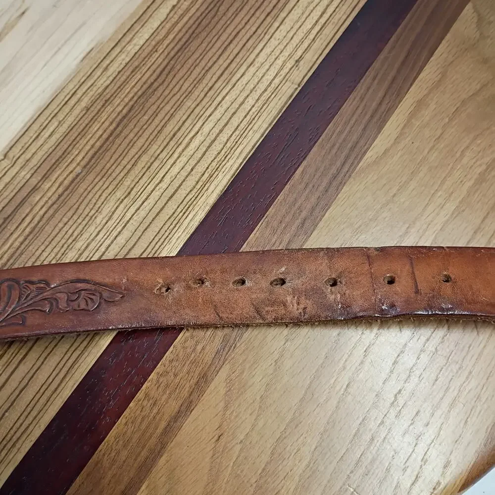 Oh Boy! Oberto Beef Jerky Belt Brass Buckle Eagle Tooled Leather Belt Size 40